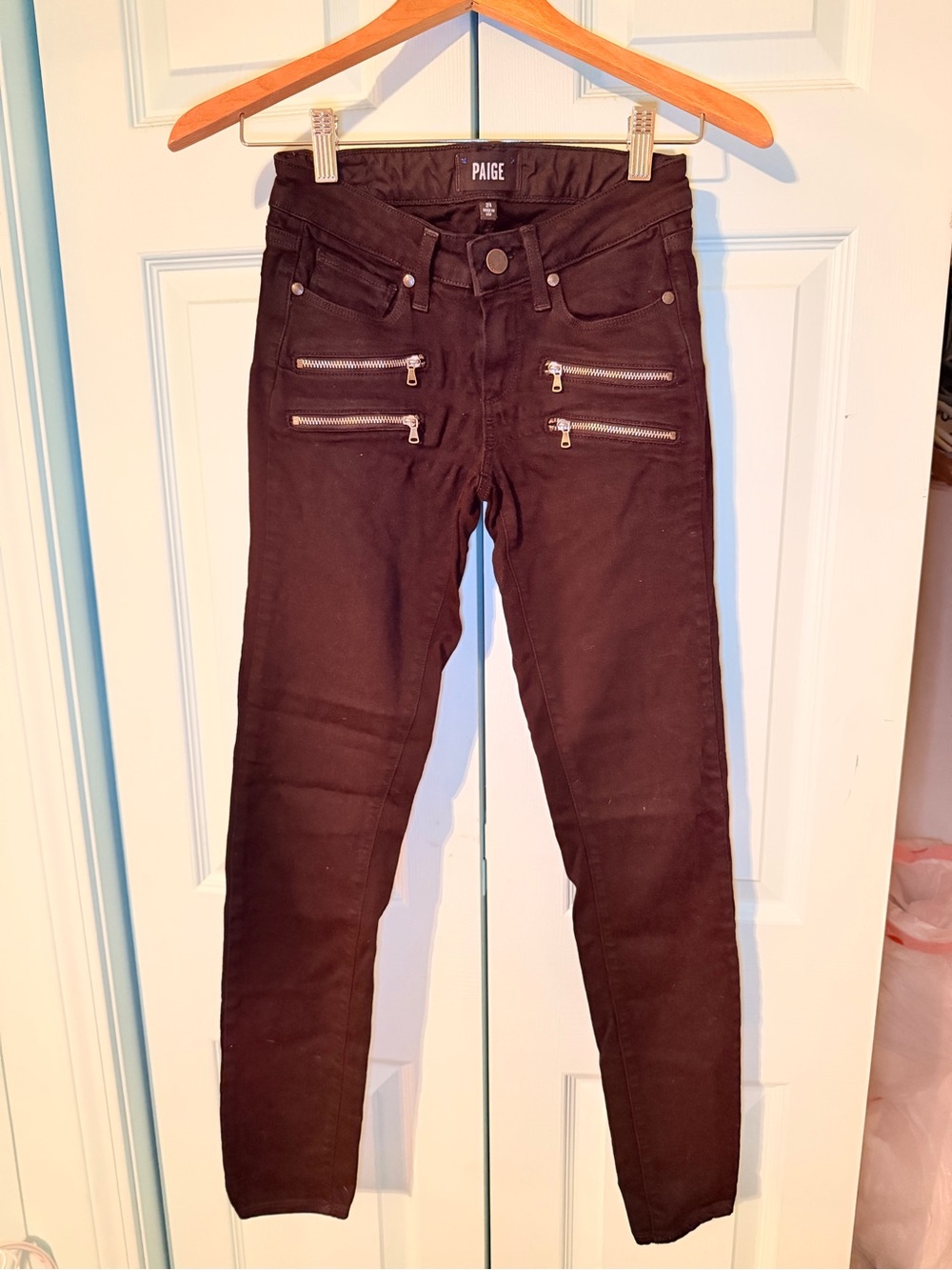PAIGE Black Skinny Jeans with Front Zip Accents